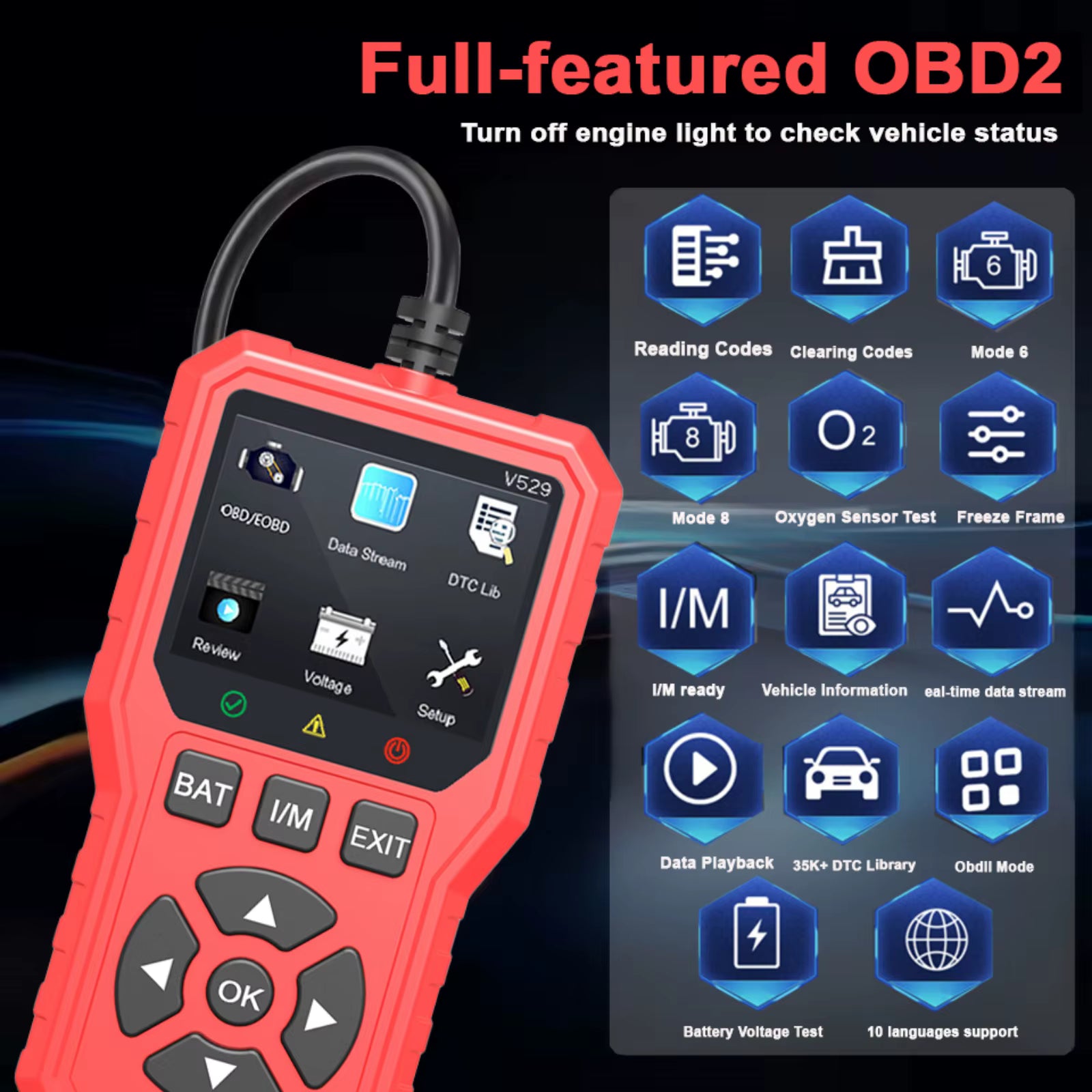 FOXSUR V529 OBD2 Scanner – Felkodsläsare för bil 1996+ Felkodsläsare