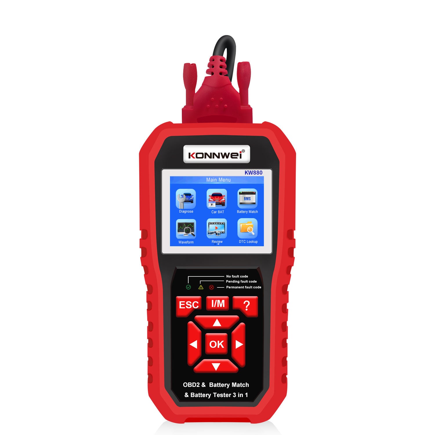 KONNWEI KW880 – 3-i-1 OBD2/EOBD-skanner, 6/1 V batteritestare & Battery Match Reset Felkodsläsare