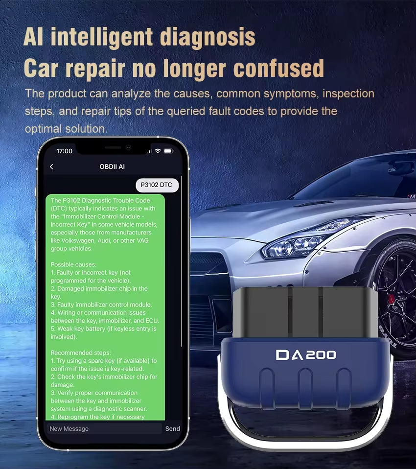 ELM327 OBD2-kodläsare DA200 med AI-intelligent diagnostik och 25k80-chip Felkodsläsare