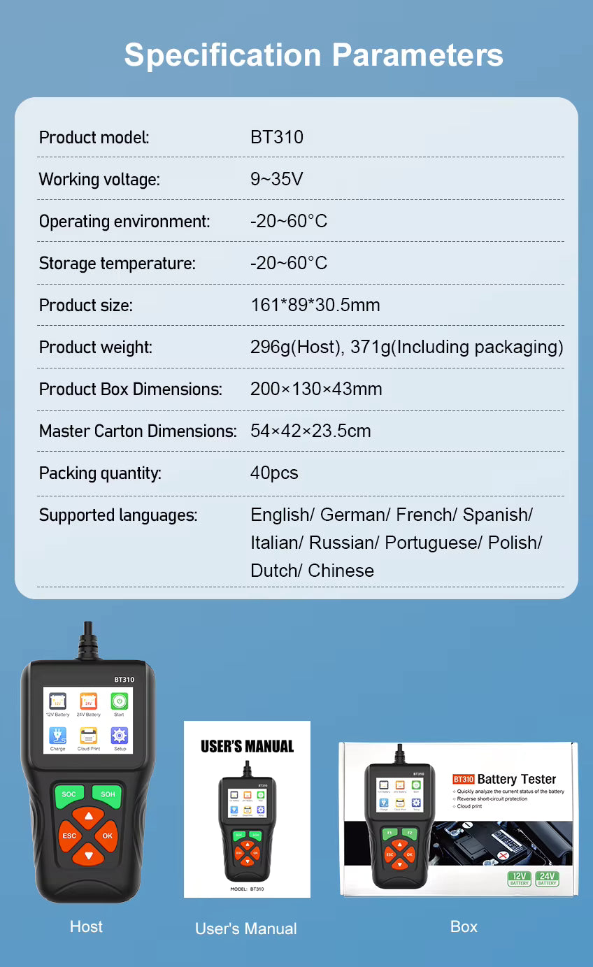 BT310 12V/24V Batteritestare – Testa CCA, SOC & SOH Testverktyg