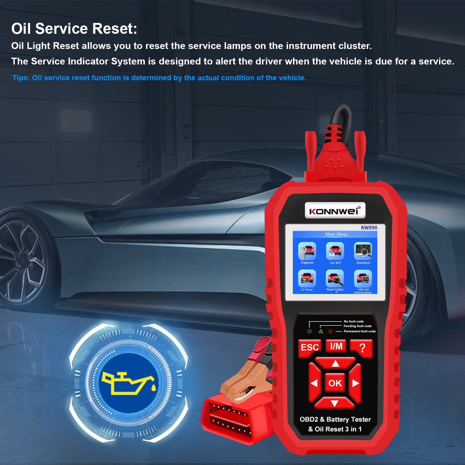KONNWEI KW890 – 3-i-1 OBD2/EOBD-skanner, 12V batteritestare & oljeservice-reset Felkodsläsare