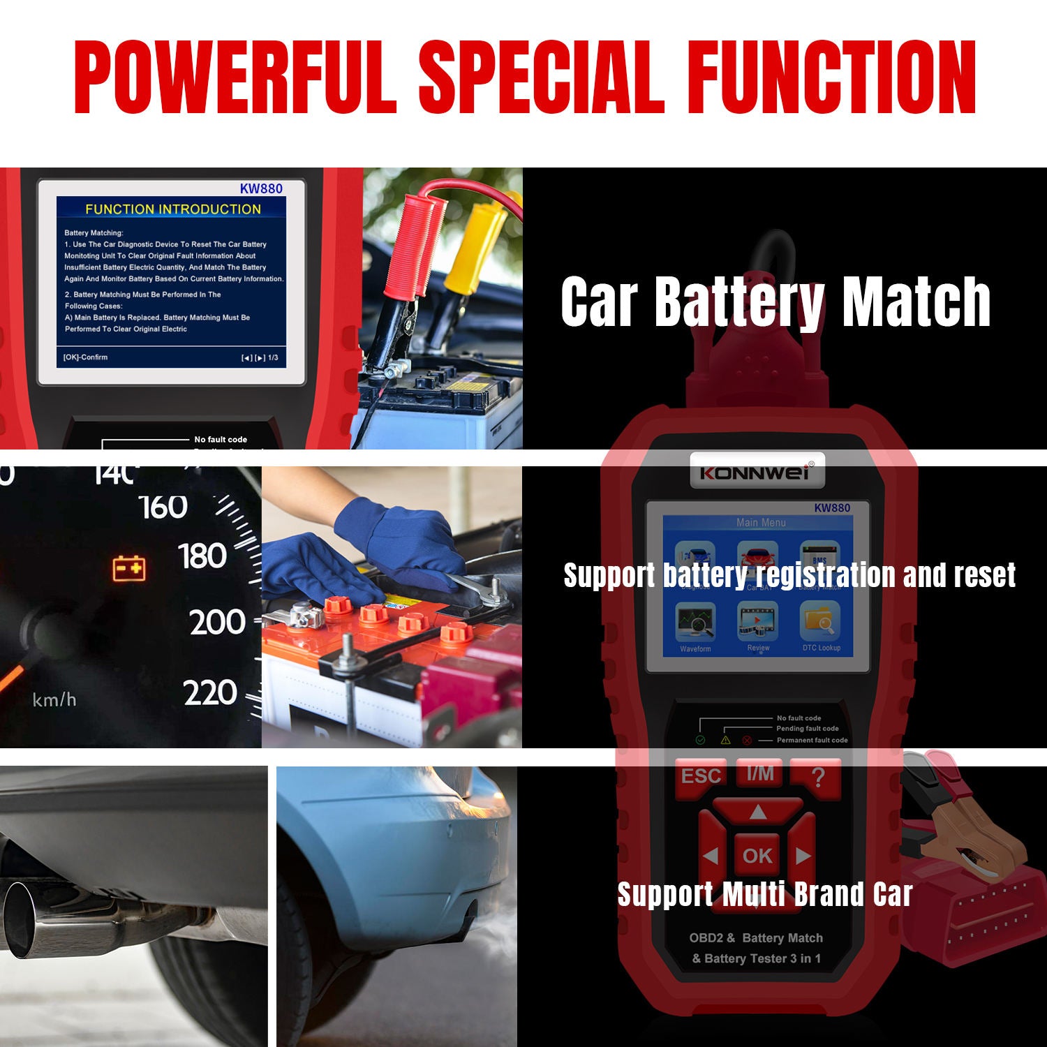 KONNWEI KW880 – 3-i-1 OBD2/EOBD-skanner, 6/1 V batteritestare & Battery Match Reset Felkodsläsare