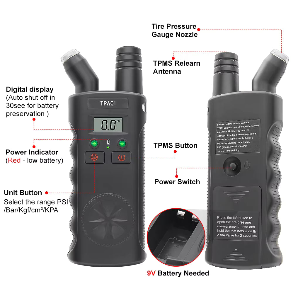 TPMS Relearn Tool + Däcktrycksmätare (2-i-1) – TPA01 för GM-fordon Testverktyg