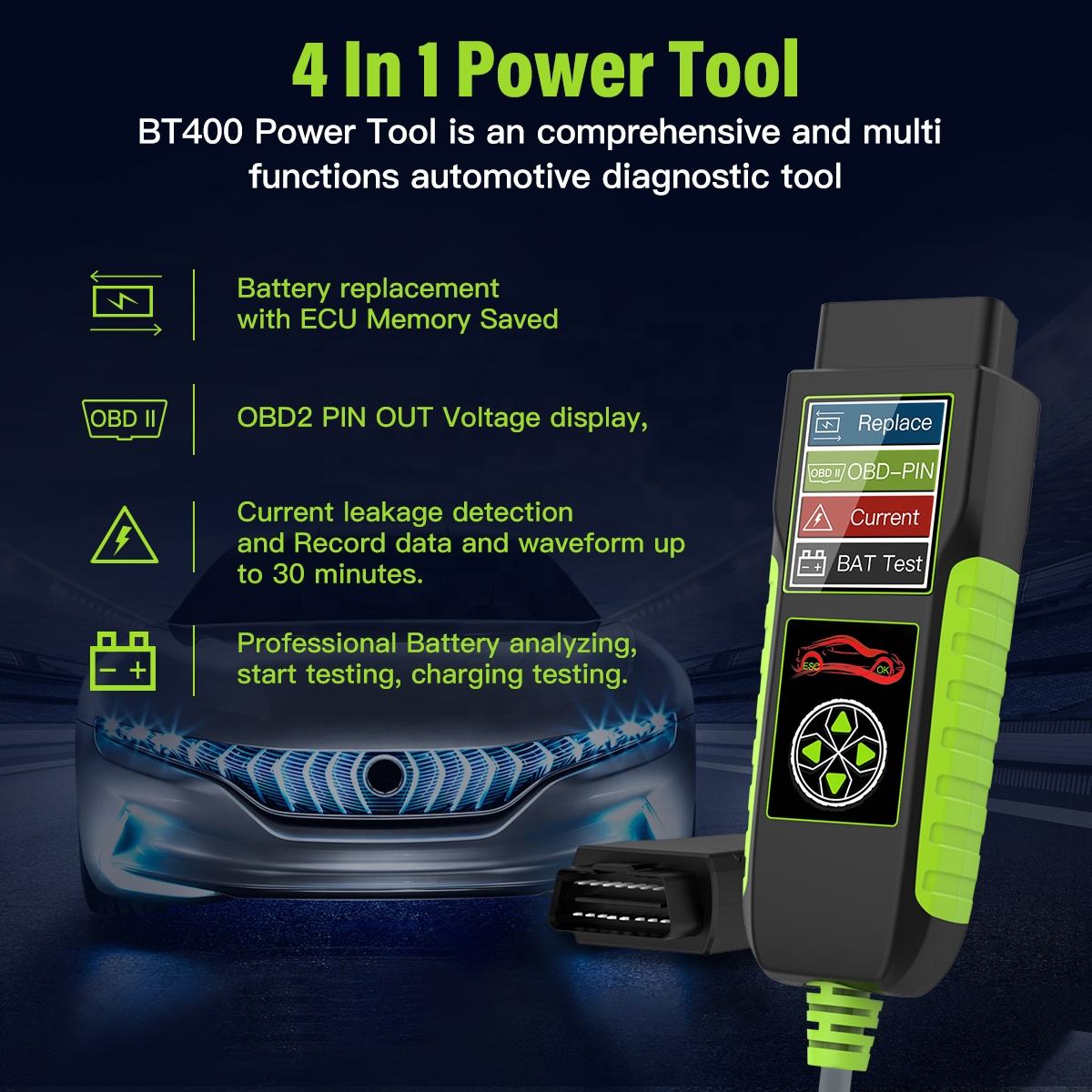 Topdiag BT400 Bilbatteritestare – 4-i-1 Diagnostikverktyg
