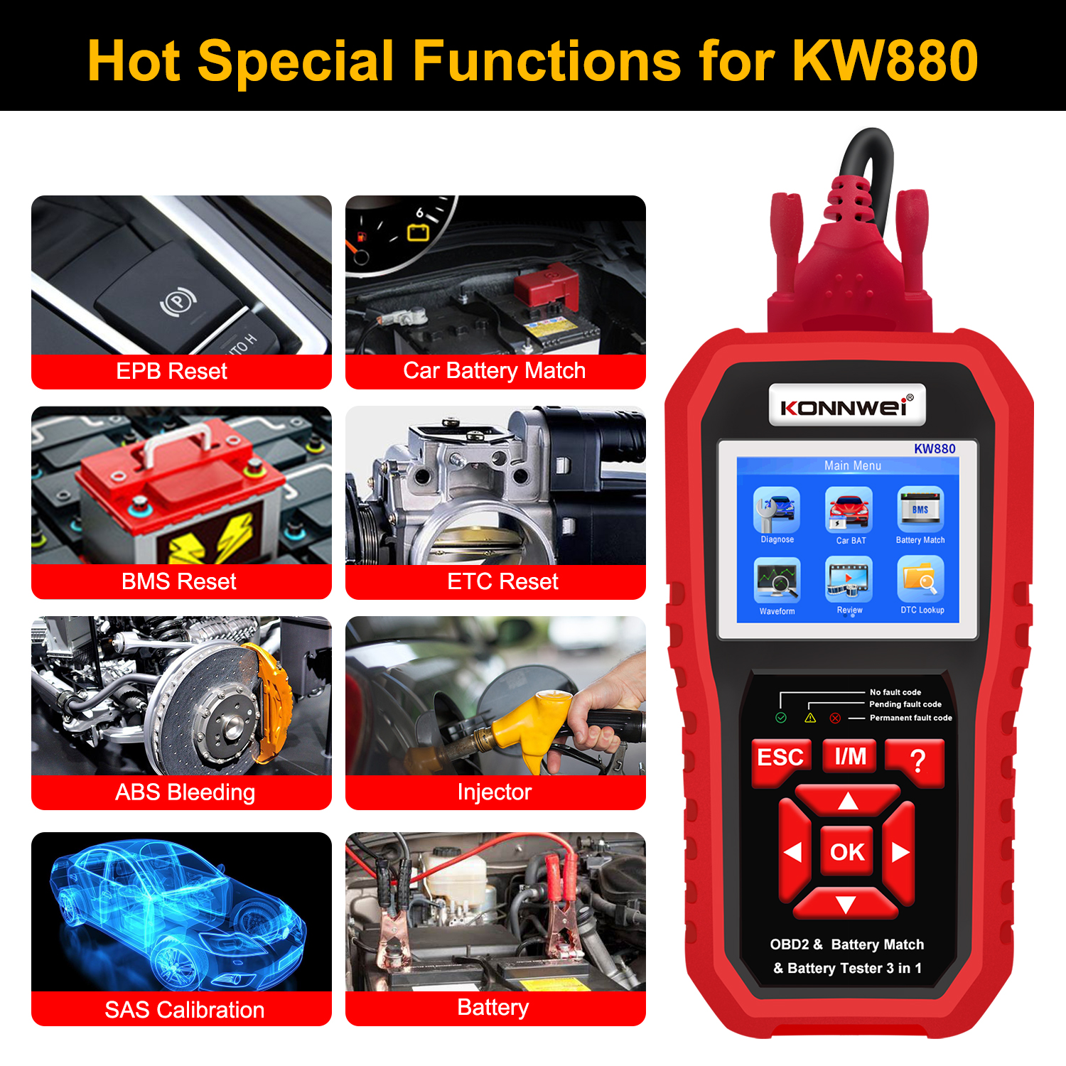 KONNWEI KW880 – 3-i-1 OBD2/EOBD-skanner, 6/1 V batteritestare & Battery Match Reset Felkodsläsare