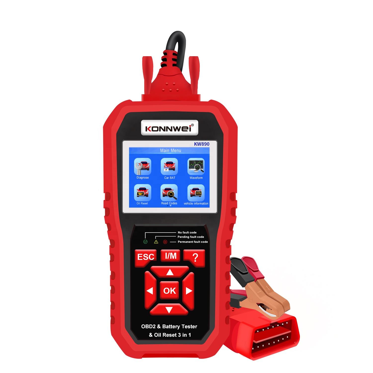 KONNWEI KW890 – 3-i-1 OBD2/EOBD-skanner, 12V batteritestare & oljeservice-reset Felkodsläsare
