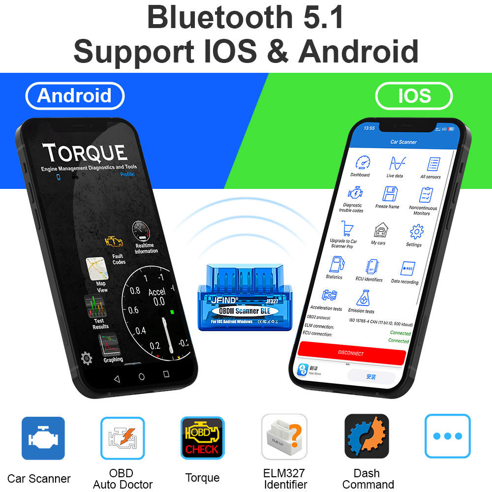 Universal Bil Kodläsare JFIND JF327 OBD2 Skanner BLE Bluetooth BT5.1 Felkodsläsare