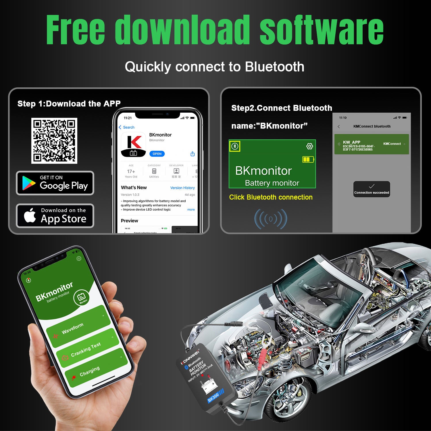 KONNWEI BK300 – Bluetooth Battery Monitor & Electrical System Tester för 12V/24V bil & lastbil (BKmonitor-app) Tillbehör