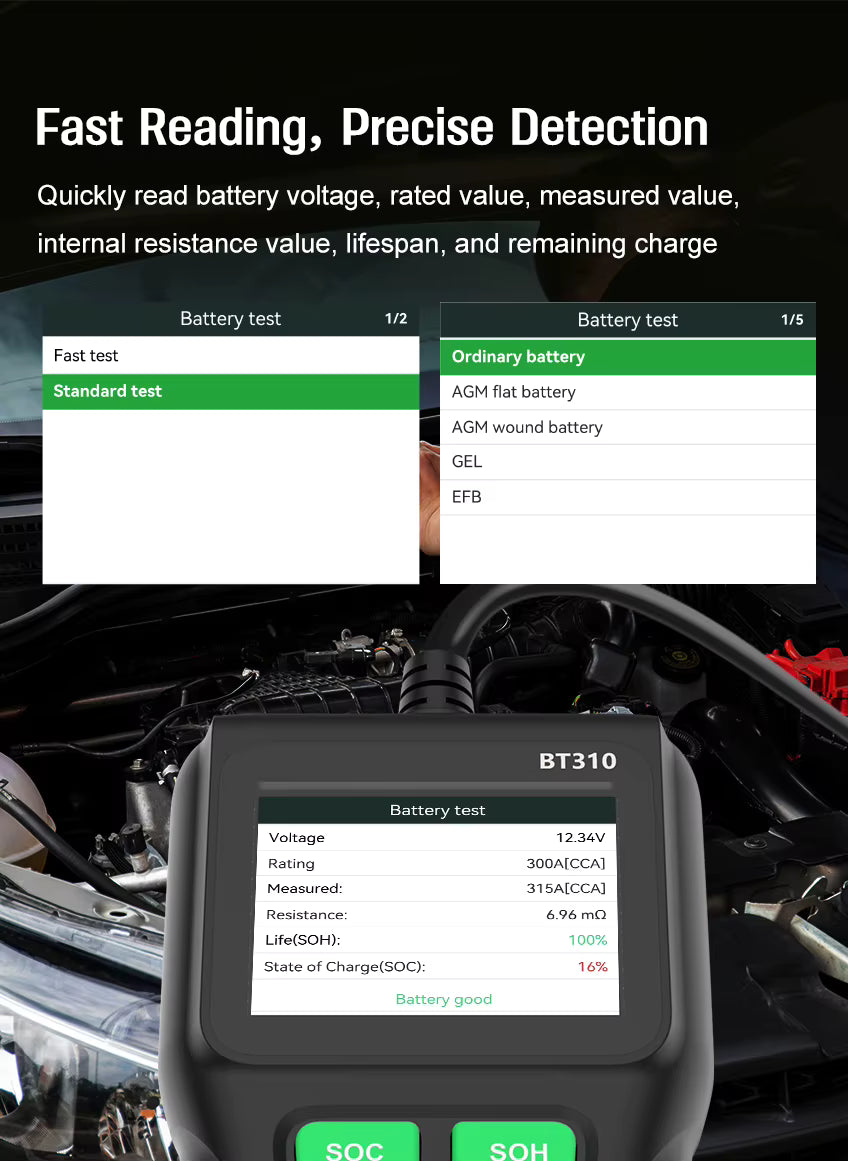 BT310 12V/24V Batteritestare – Testa CCA, SOC & SOH Testverktyg