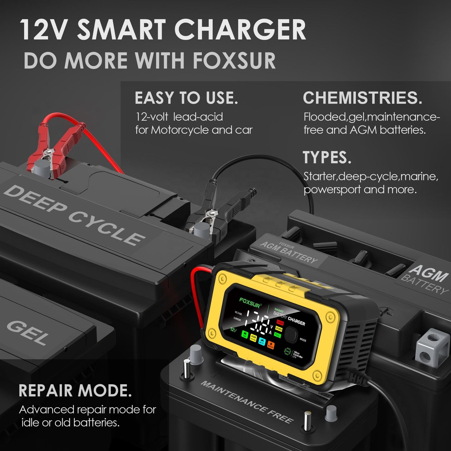 FOXSUR FBC1207E 12V/7A Smart Bilbatteriladdare
