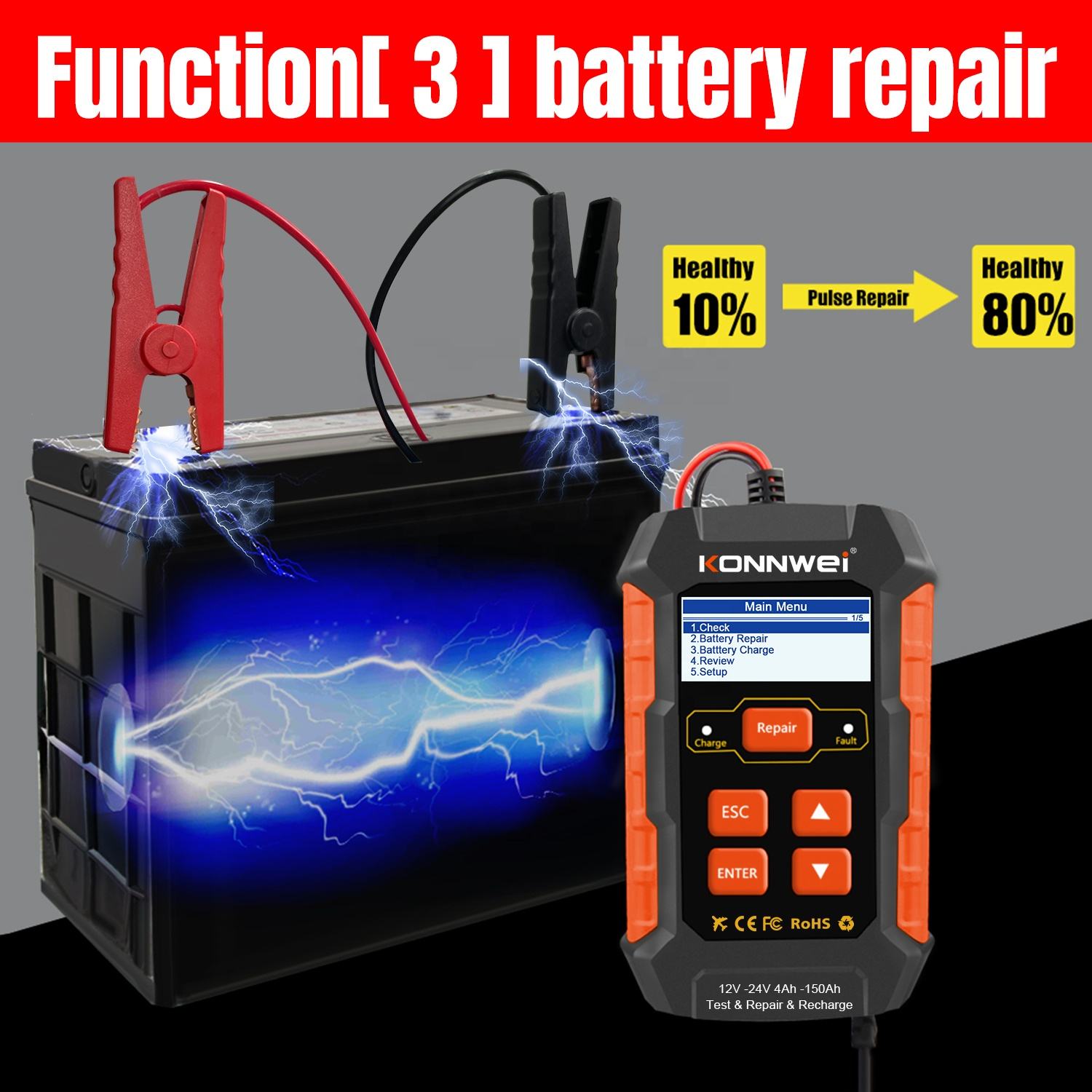 KONNWEI KW520 – Digital 3-i-1 batteritestare + 12V/10A & 24V/5A snabbladdare med Pulse Repair Tillbehör