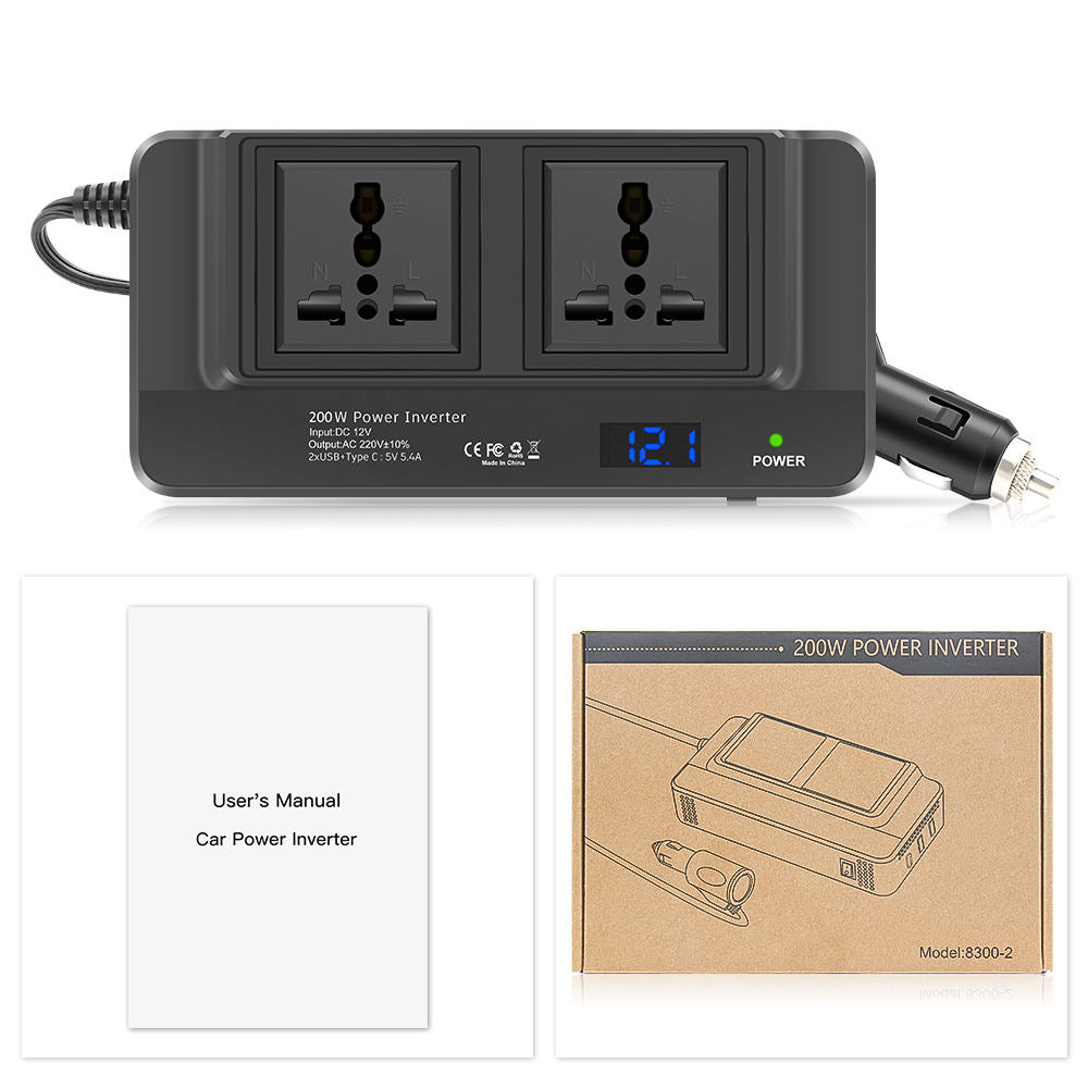 200W Bilens Strömväxlare med Universalsocklar och USB-portar