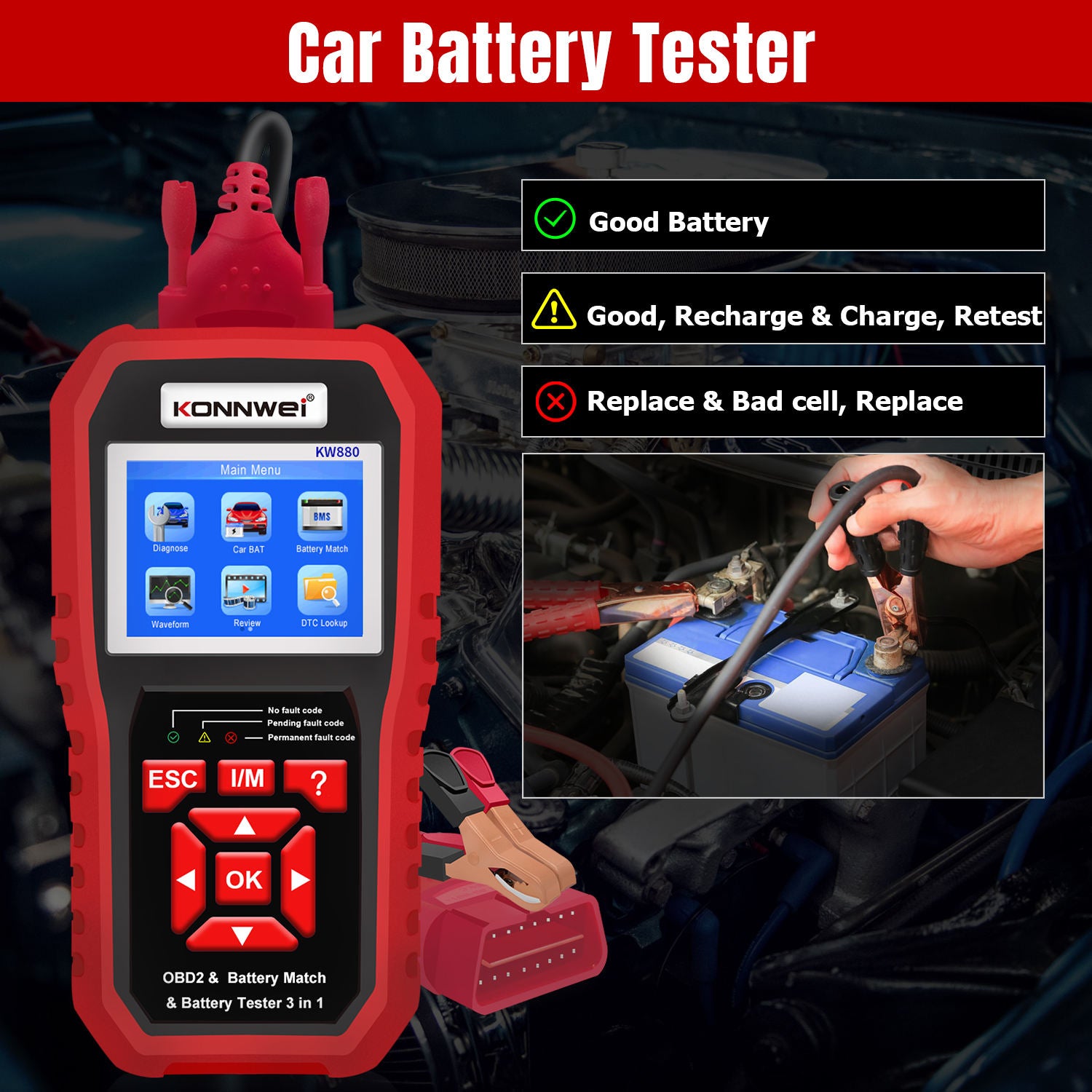 KONNWEI KW880 – 3-i-1 OBD2/EOBD-skanner, 6/1 V batteritestare & Battery Match Reset Felkodsläsare