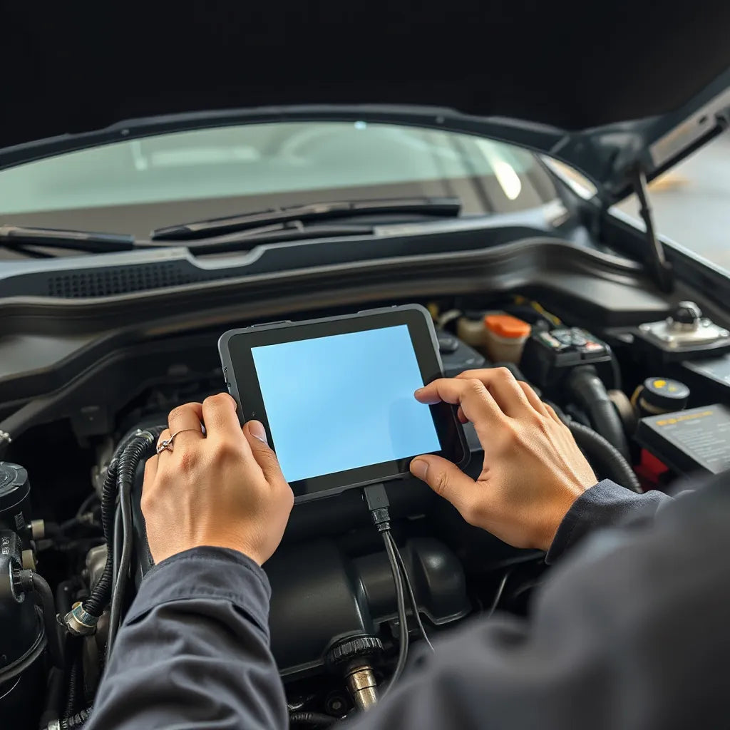 Tekniker ansluter diagnosverktyg till bilens OBD-uttag och använder en surfplatta för automatiserad felsökning