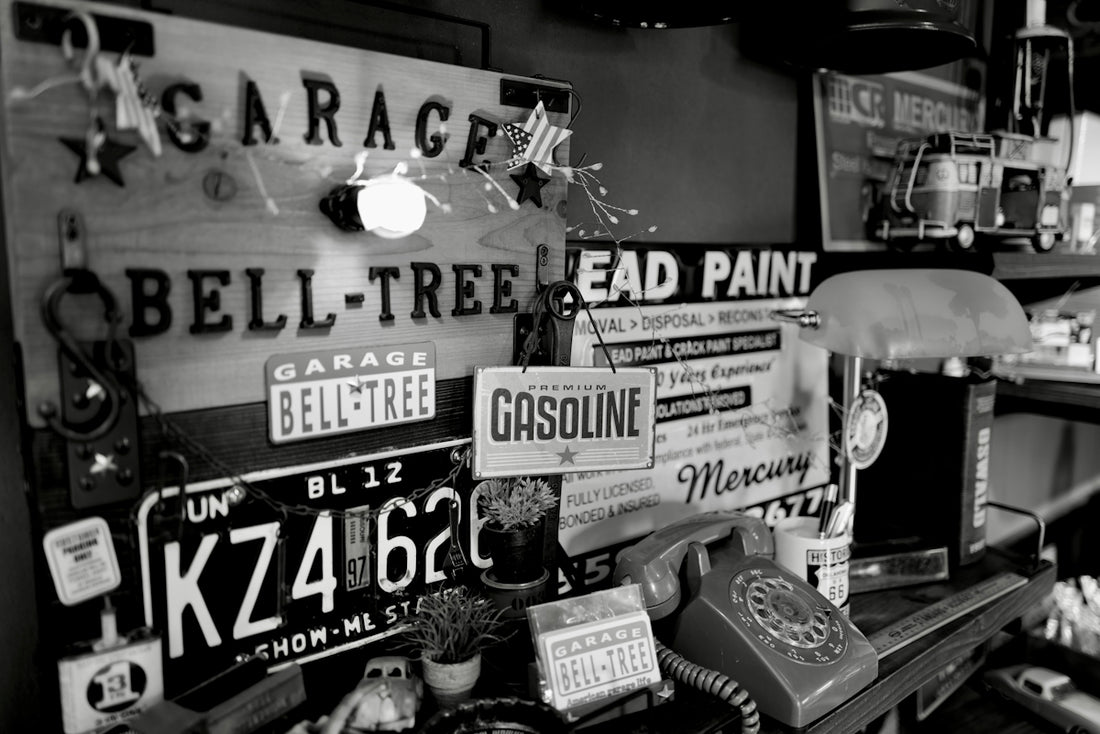 a black and white photo of a store display