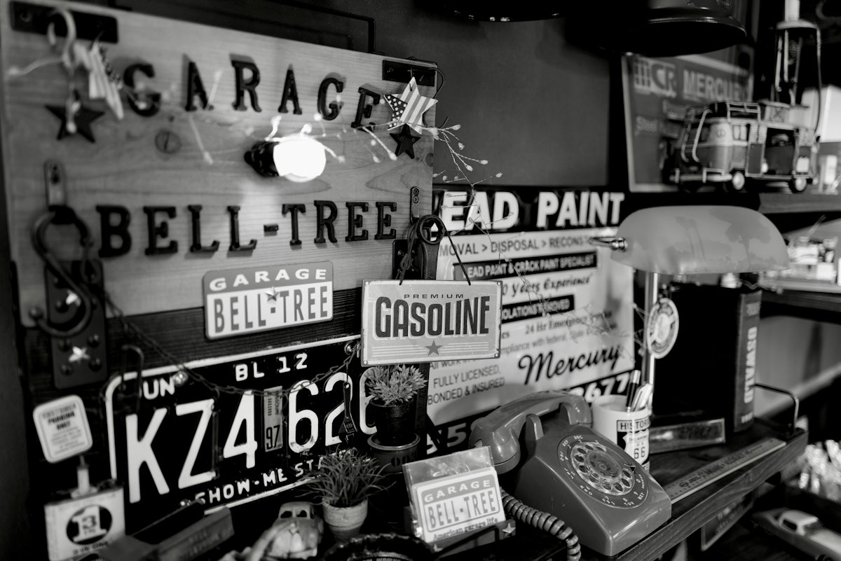 a black and white photo of a store display