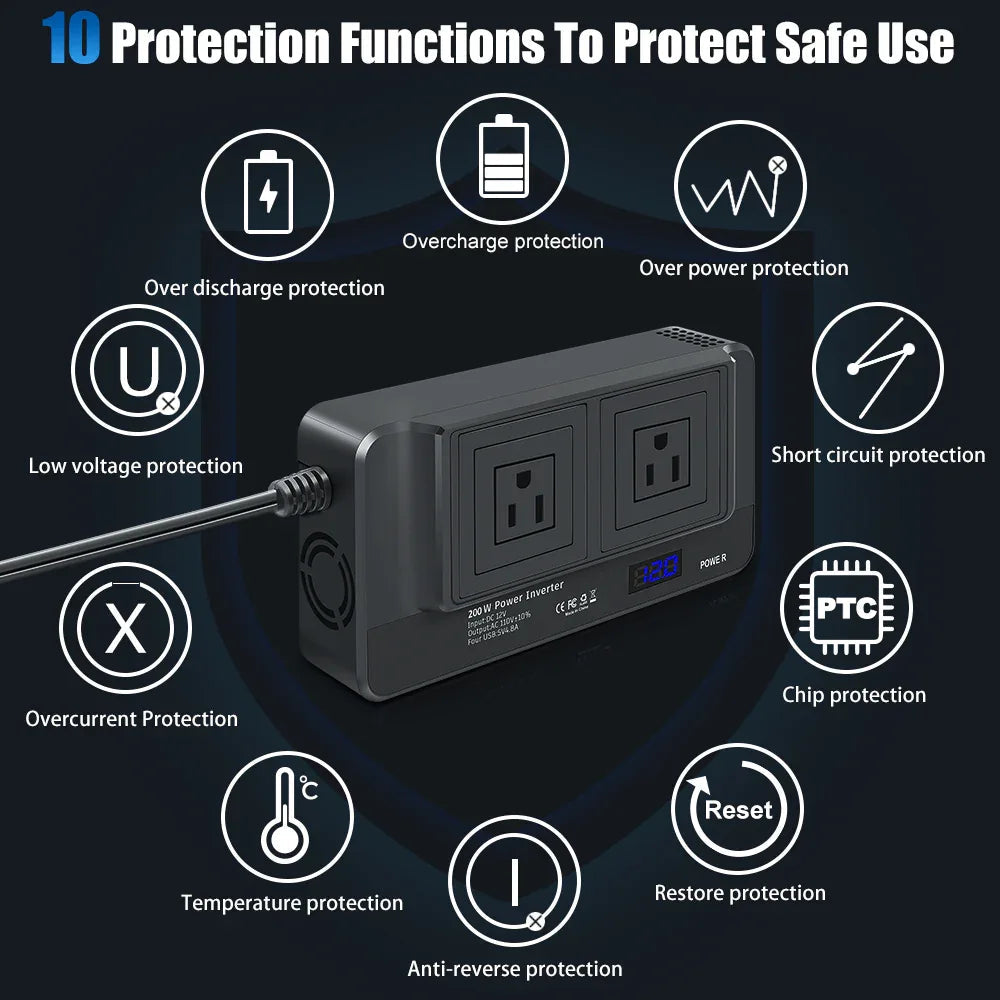 200W Bilväxelriktare med 2 AC Uttag och 4 USB - portar - Felkodsläsare