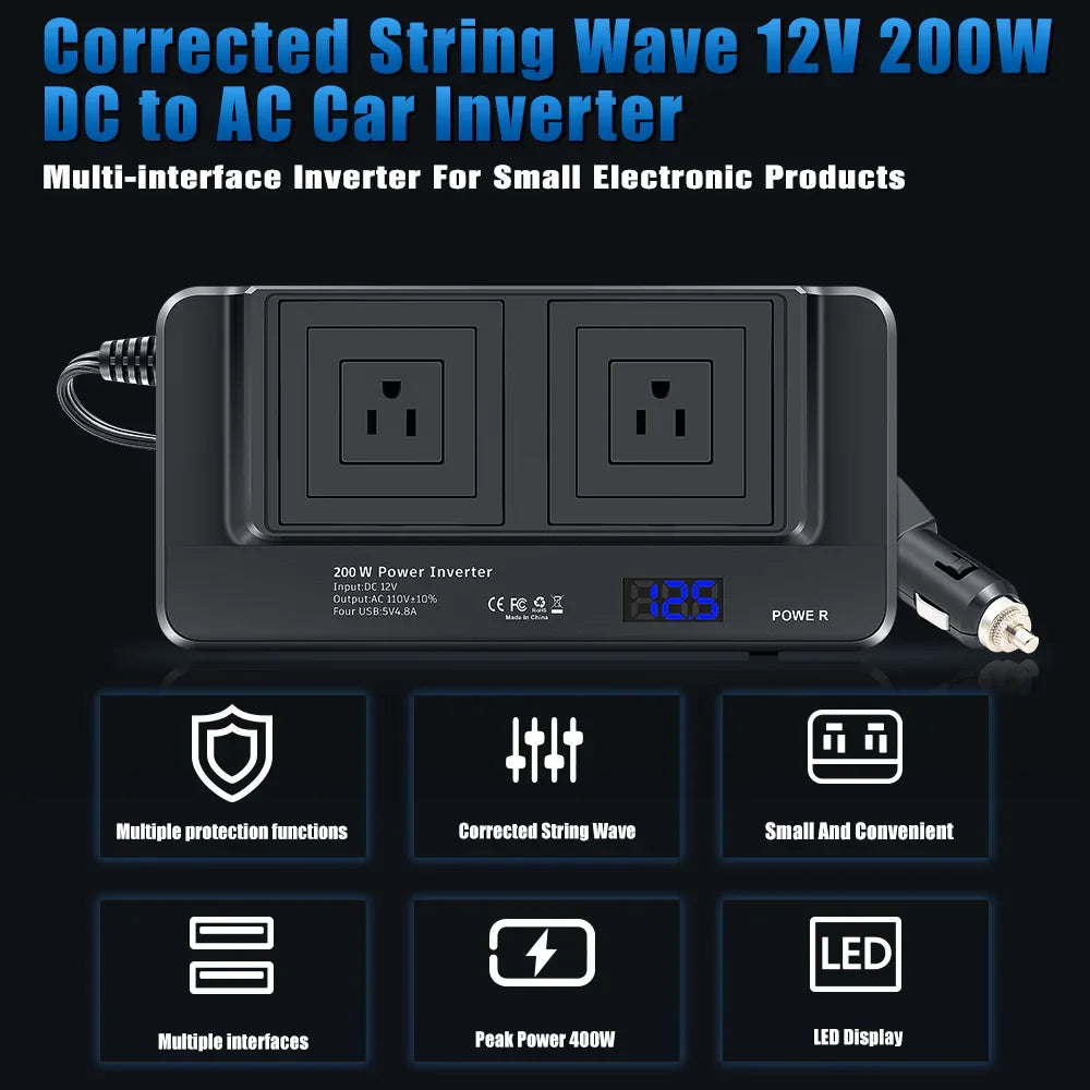 200W Bilväxelriktare med 2 AC Uttag och 4 USB - portar - Felkodsläsare