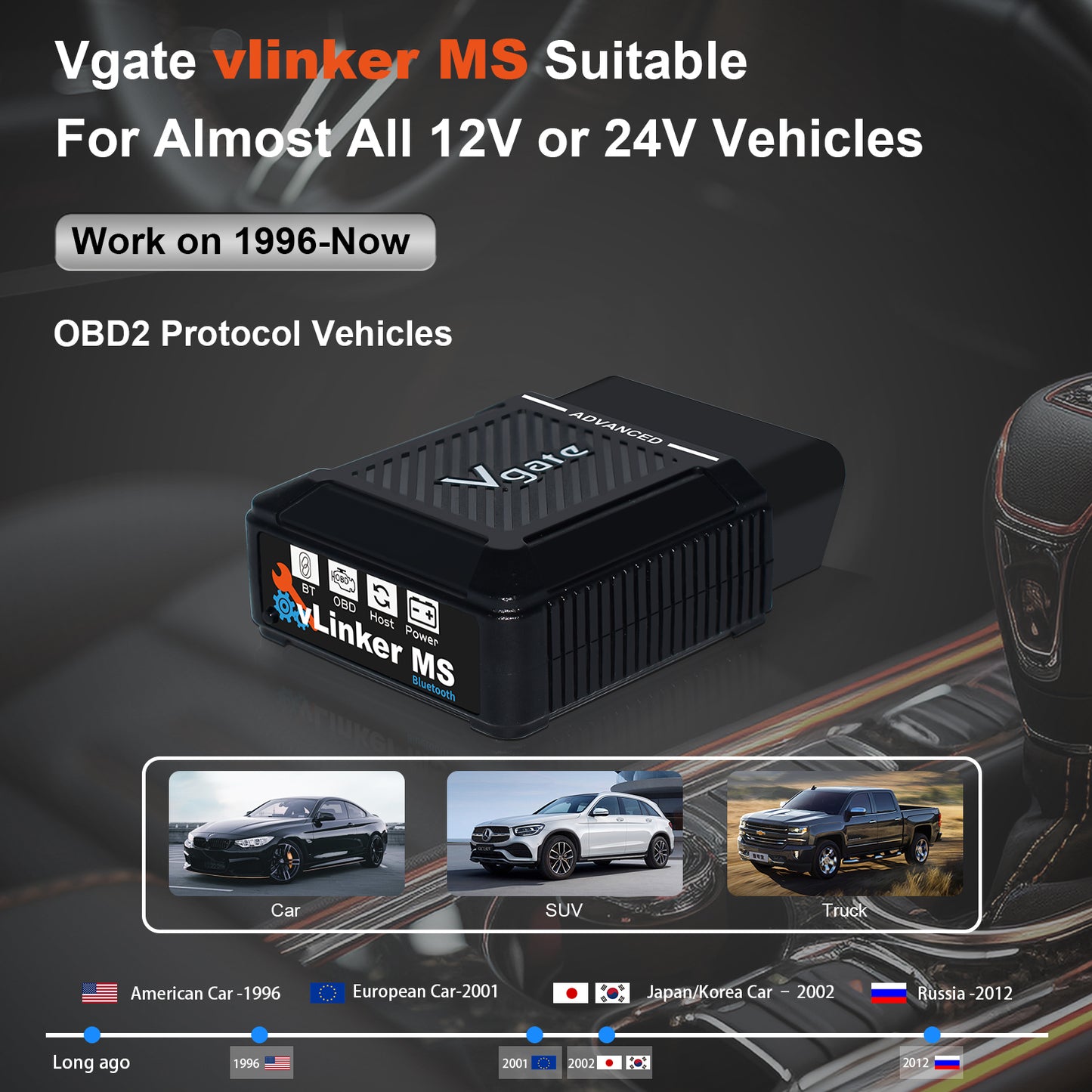 Vgate Vlinker MS ELM327 BT3.0 OBD2-adapter Bildiagnostikverktyg för Android iOS iPhone