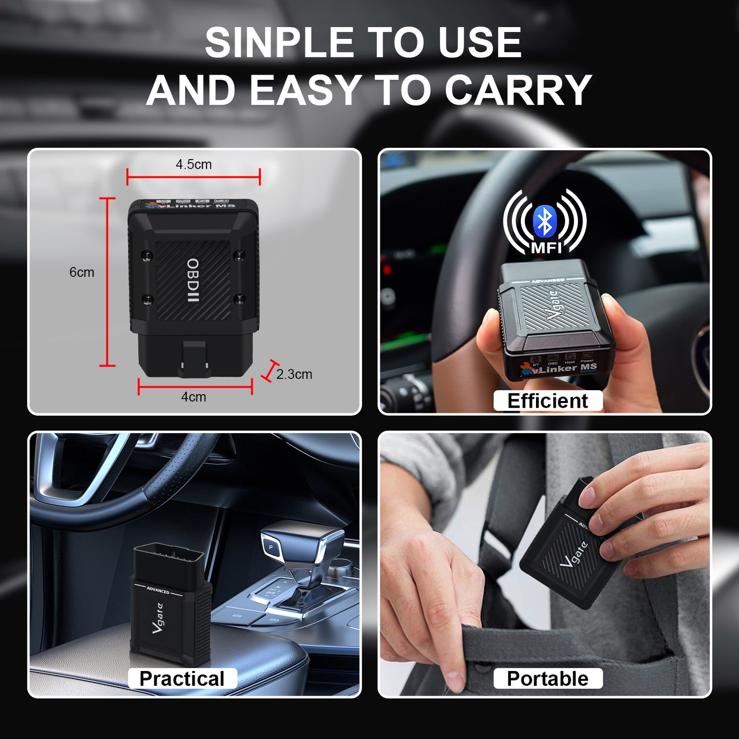 Vgate Vlinker MS ELM327 BT3.0 OBD2-adapter Bildiagnostikverktyg för Android iOS iPhone