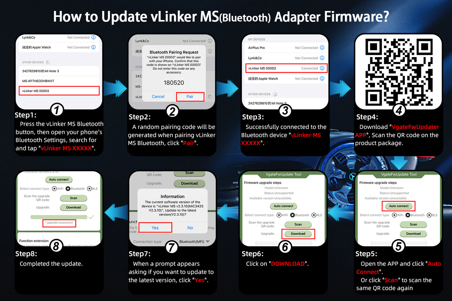 Vgate Vlinker MS ELM327 BT3.0 OBD2-adapter Bildiagnostikverktyg för Android iOS iPhone