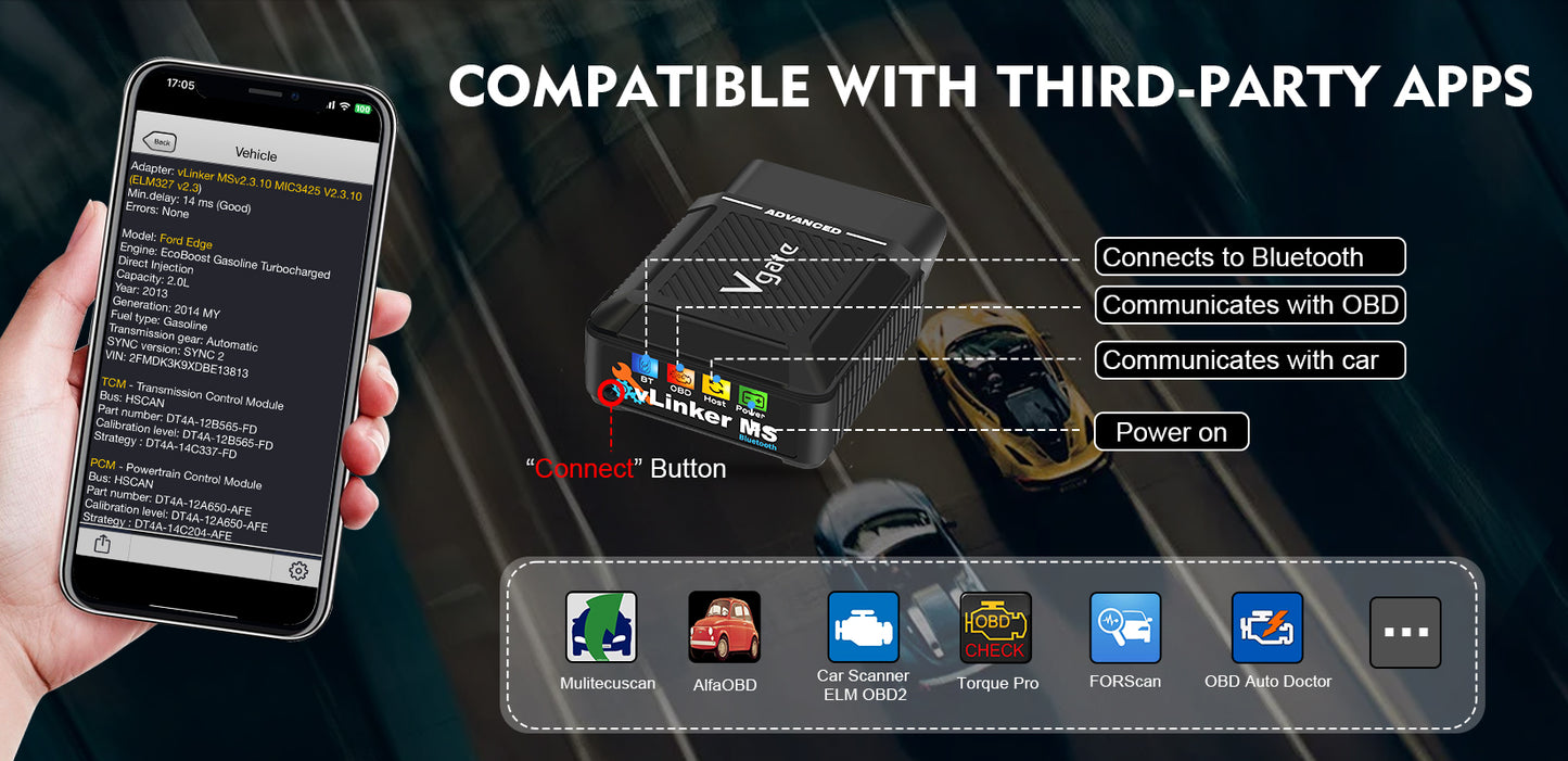 Vgate Vlinker MS ELM327 BT3.0 OBD2-adapter Bildiagnostikverktyg för Android iOS iPhone