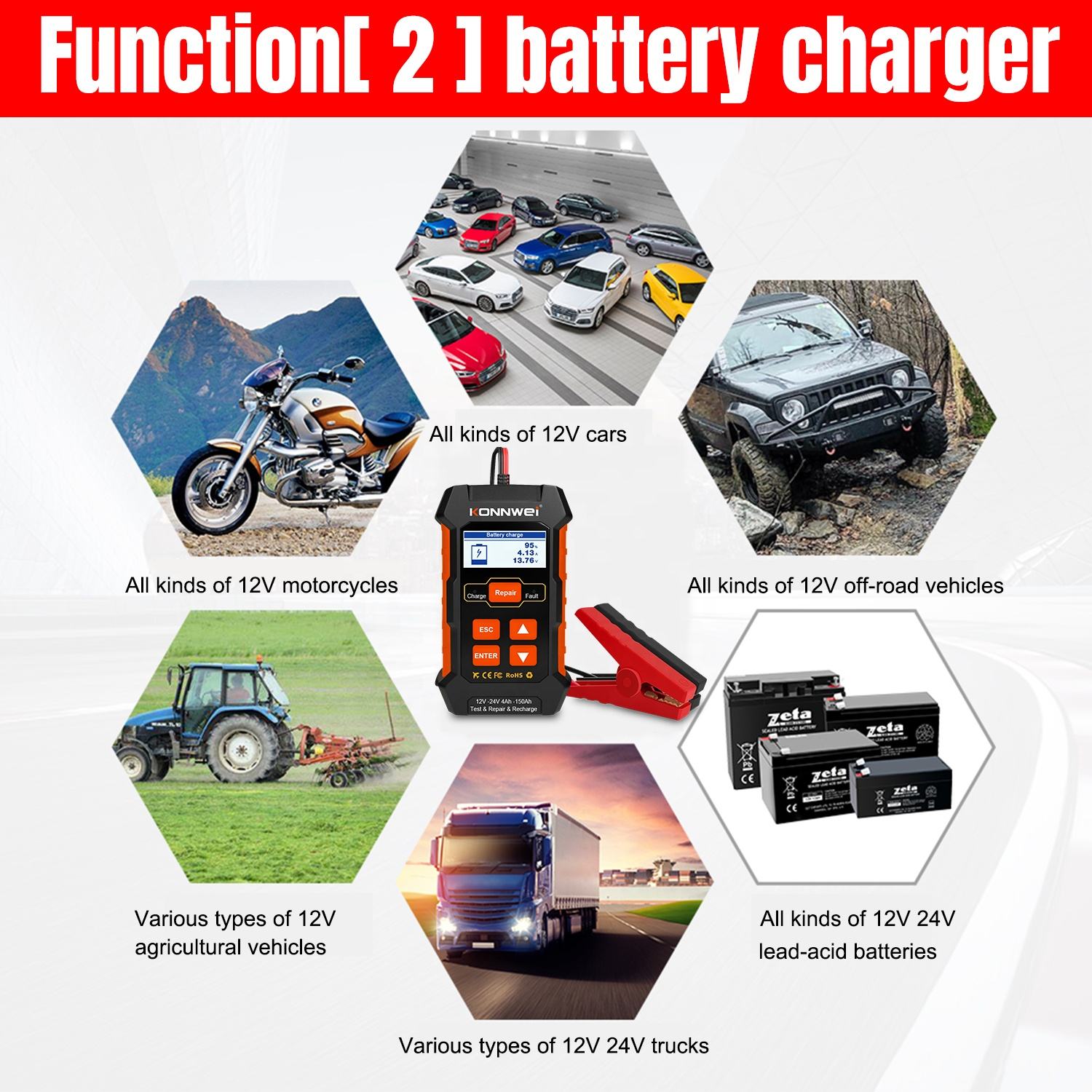 Multi-funktion Konnwei KW520 Batteriladdare och Tester