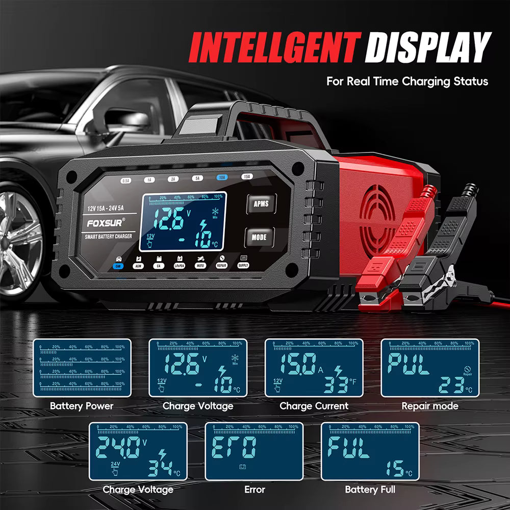 FOXSUR FAC-150 Smart Batteriladdare 12V/24V – 15A/5A