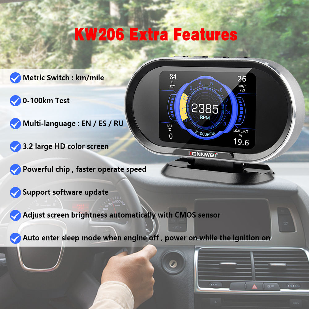 KONNWEI KW206 OBD2 HUD 2-i-1 Head-Up Display