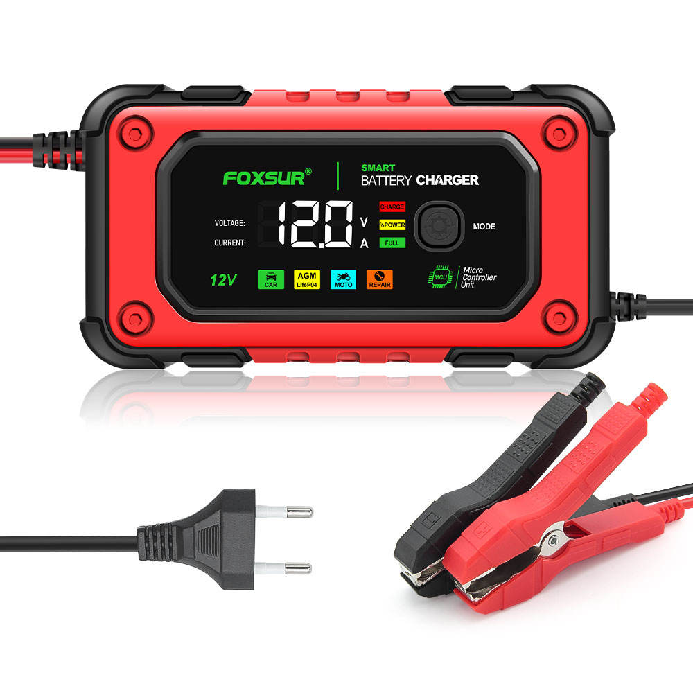 FOXSUR 12V 7A Färgskärm Universell Motorcykelbil Batteriladdare