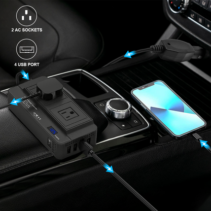 200W Bilväxelriktare med 2 AC Uttag och 4 USB-portar
