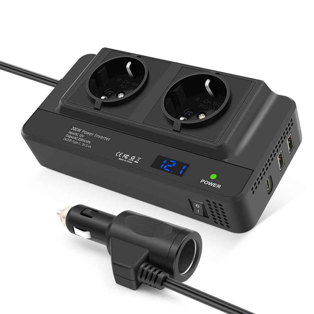 200W Bilens Strömväxlare med Universalsocklar och USB-portar