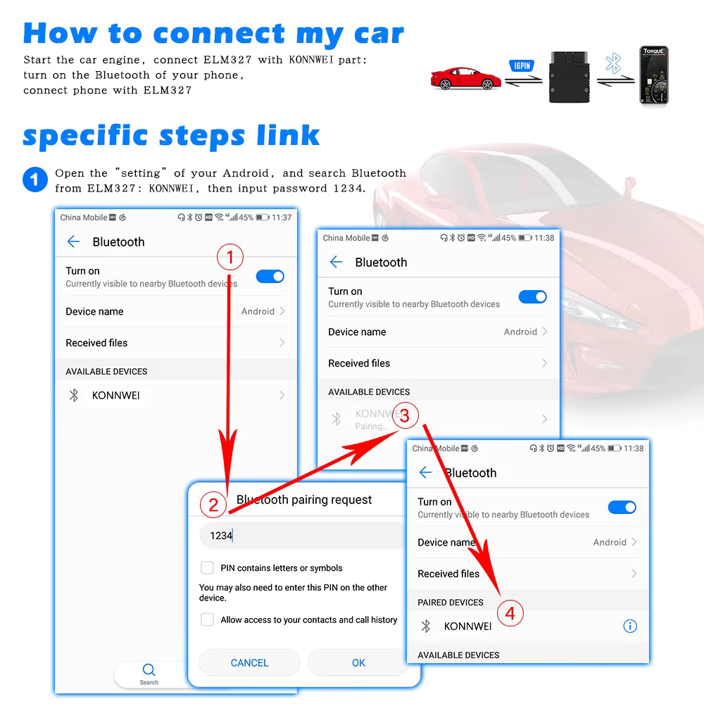 KONNWEI KW902 OBD2 ELM327 V1.5 Bluetooth Code Reader
