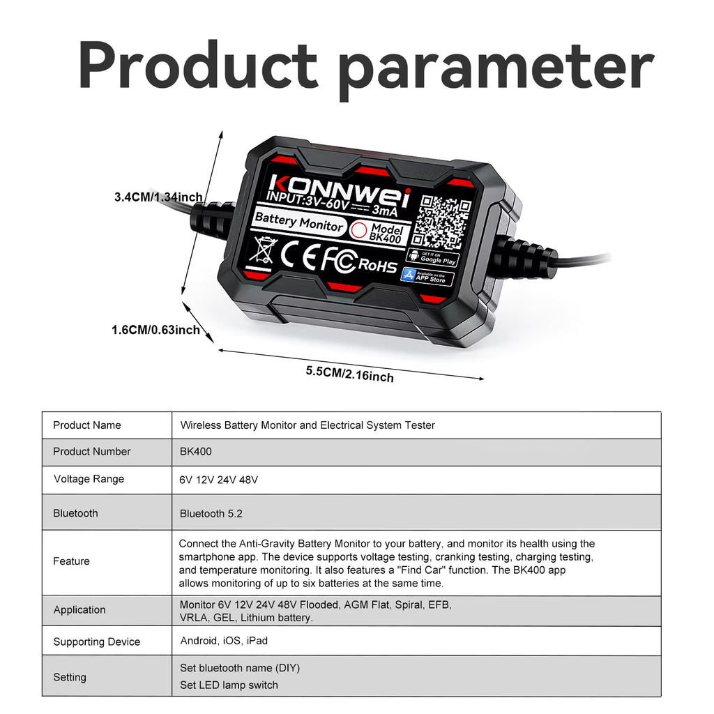 KONNWEI BK400 6-i-1 Bluetooth 5.2 Batterimonitor 3–60V – för 6V/12V/24V/48V