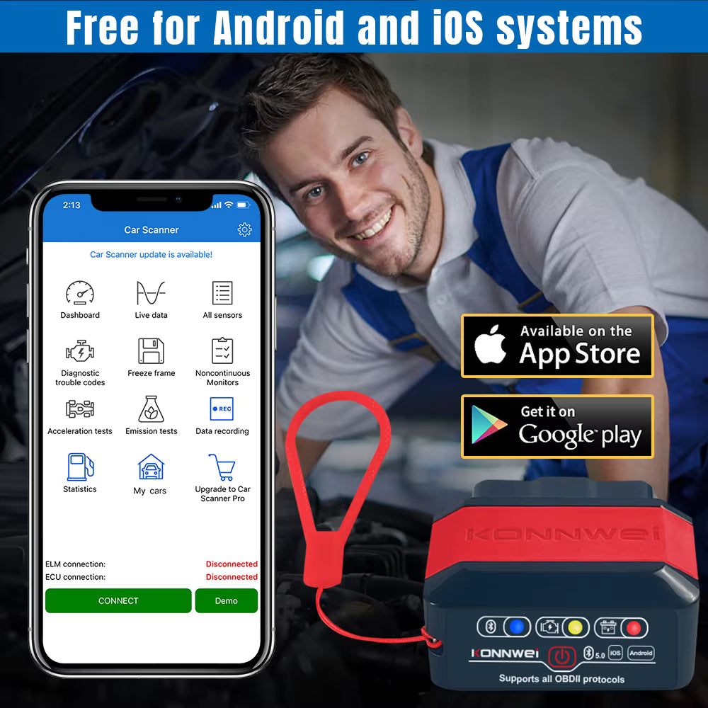 Original Konnwei KW905 OBD2 Bilscanner – ELM327 V1.5 med Bluetooth 5.0
