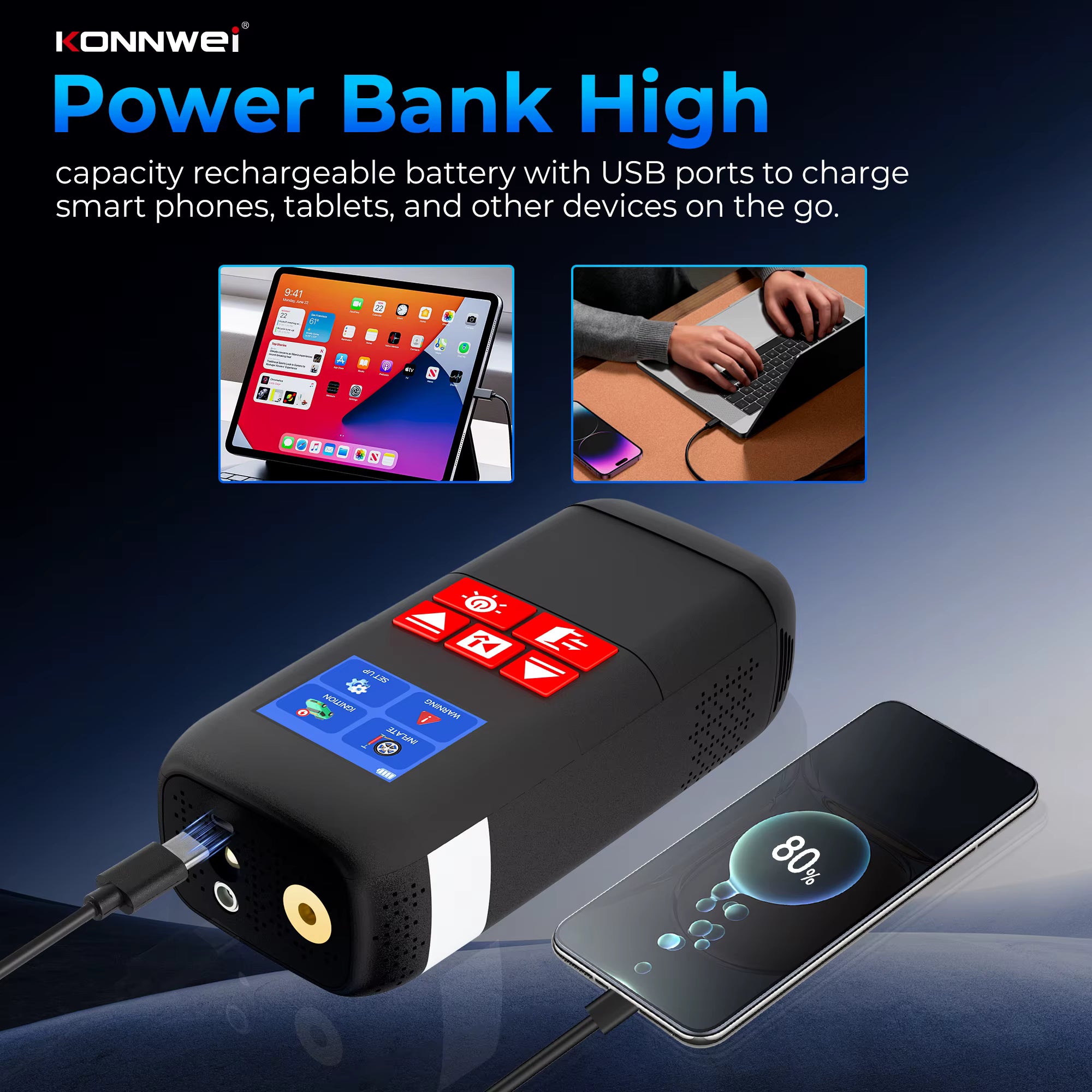 KONNWEI SA500 2000A 12V – startbooster med kompressor + powerbank