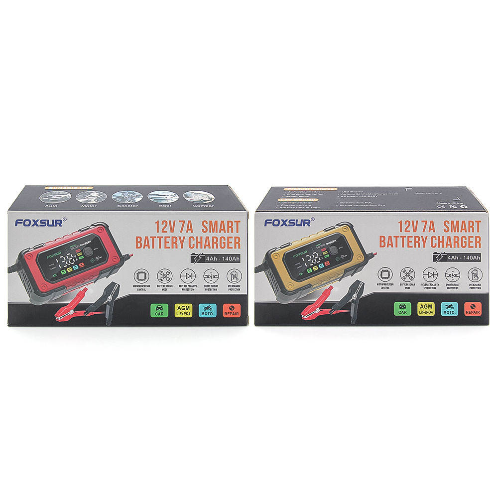 FOXSUR 12V 7A Färgskärm Universell Motorcykelbil Batteriladdare