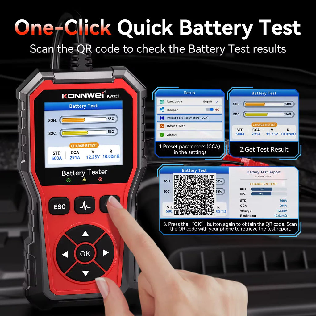KONNWEI KW331 batteritestare – 6V/12V/24V - Felkodsläsare