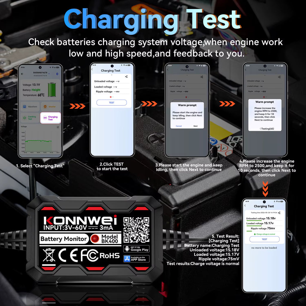 KONNWEI BK400 6-i-1 Bluetooth 5.2 Batterimonitor 3–60V – för 6V/12V/24V/48V