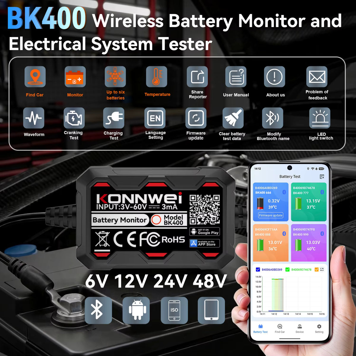KONNWEI BK400 6-i-1 Bluetooth 5.2 Batterimonitor 3–60V – för 6V/12V/24V/48V