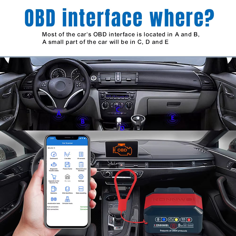 Original Konnwei KW905 OBD2 Bilscanner – ELM327 V1.5 med Bluetooth 5.0
