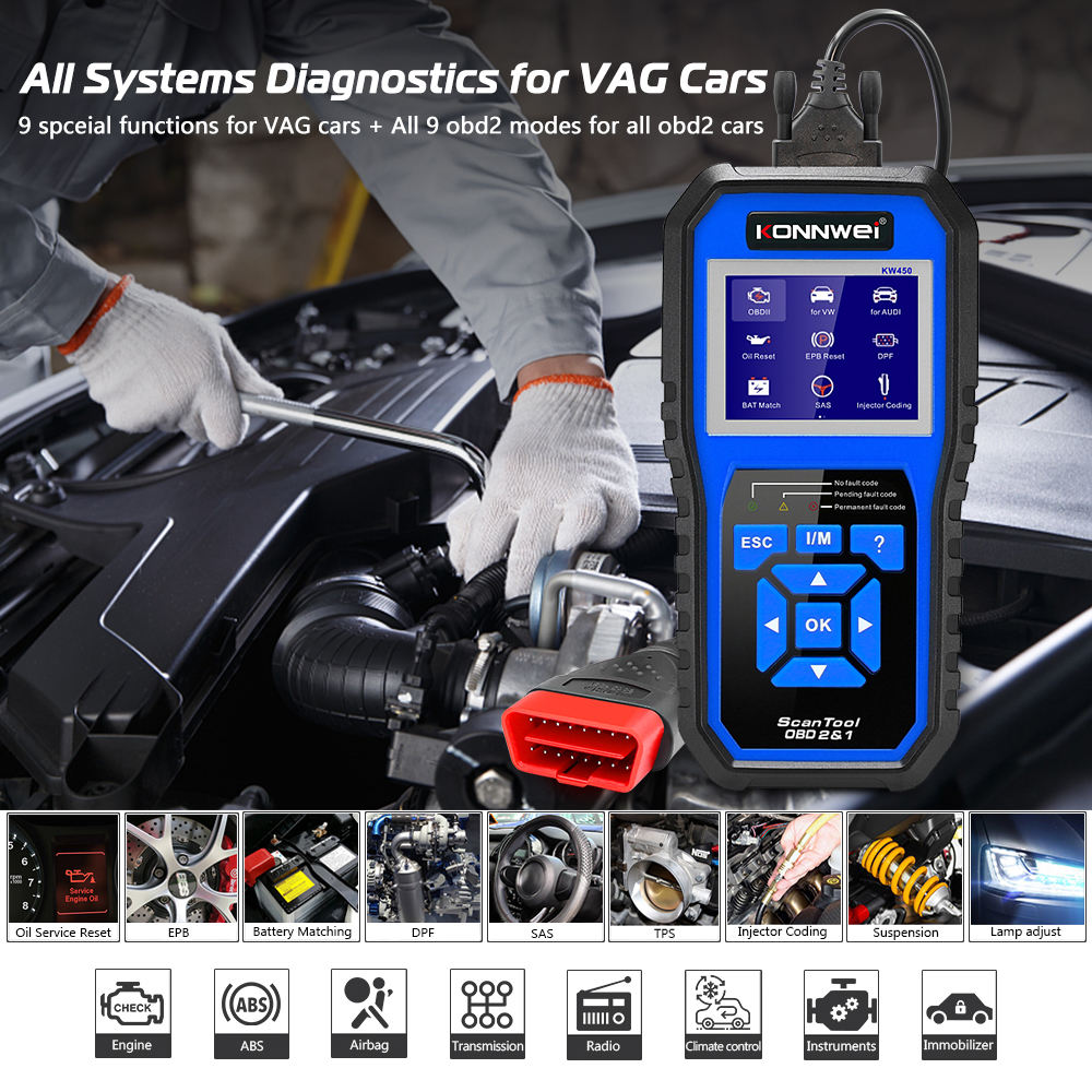 KONNWEI KW450 Full System OBD2 Scanner för VW och Audi