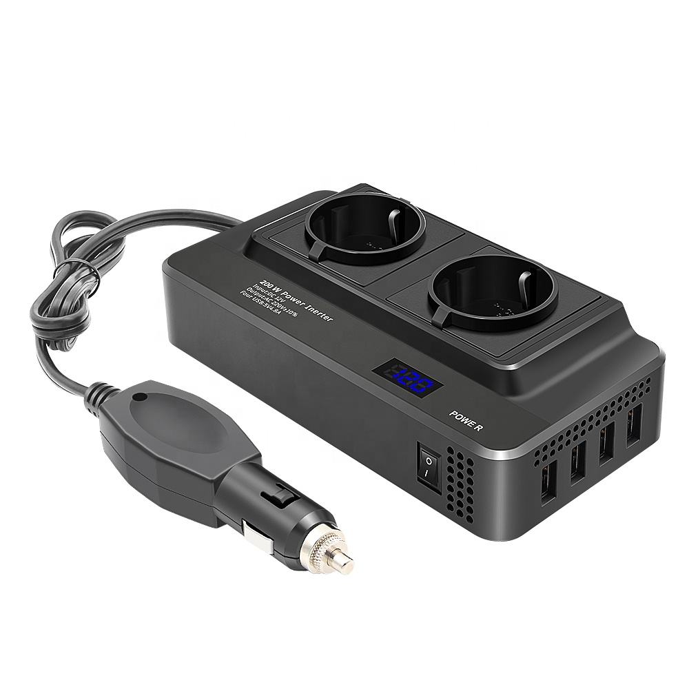 200W Bilväxelriktare med 2 AC Uttag och 4 USB-portar