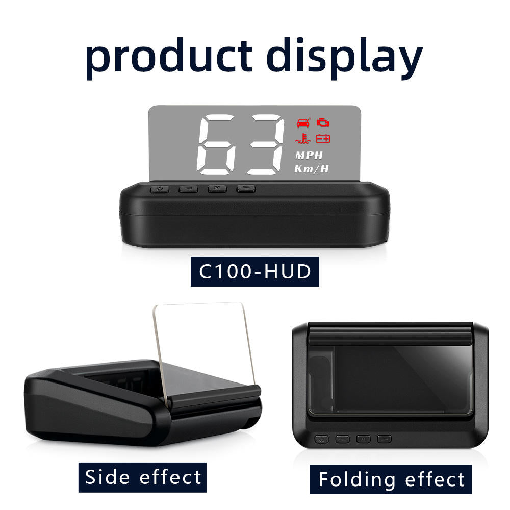 3 Tum C100 Speedometer Alarm Bil HUD Trådlös Head-Up Display OBD2