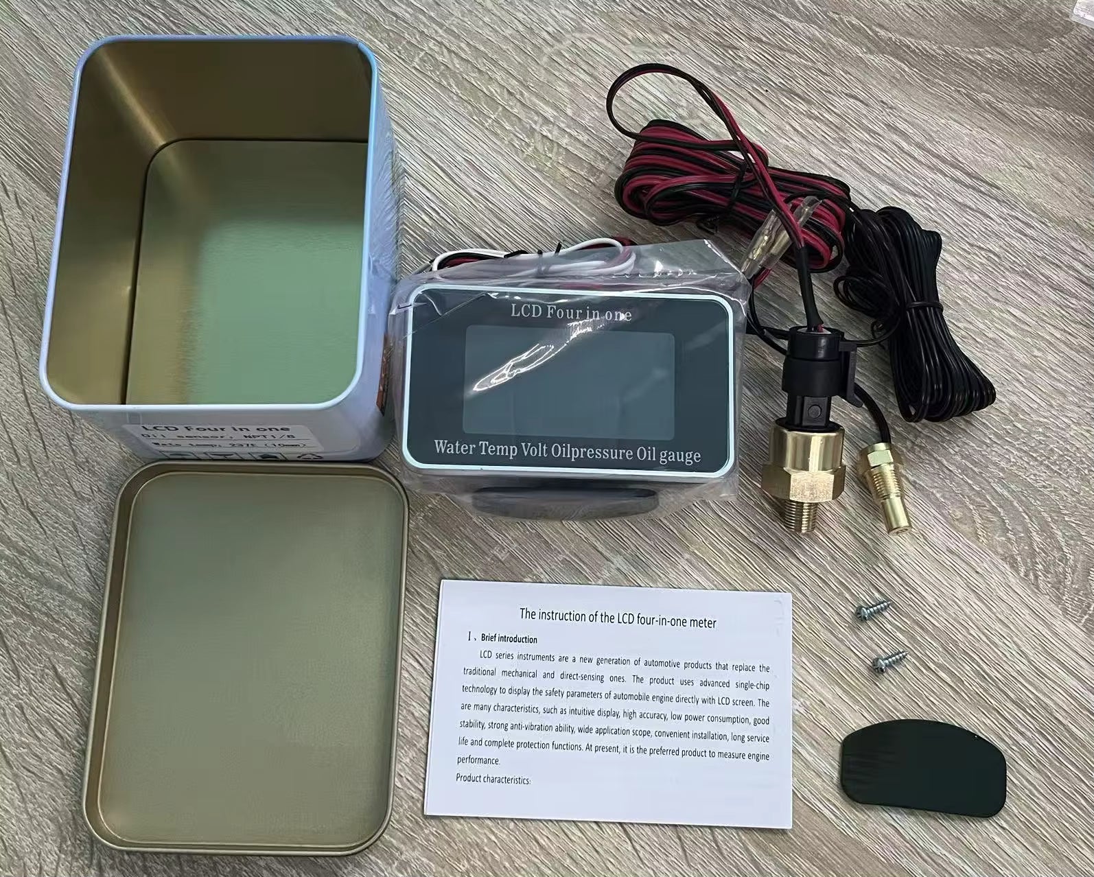 12 V/24 V 4-i-1 LCD Digitalmätare – Voltmeter, Oljetryck, Bränslenivå & Vattentemperatur med M10 NPT-sensor Tillbehör