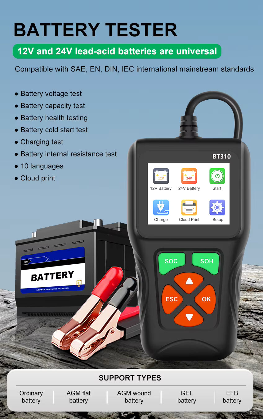 BT310 12V/24V Batteritestare – Testa CCA, SOC & SOH
