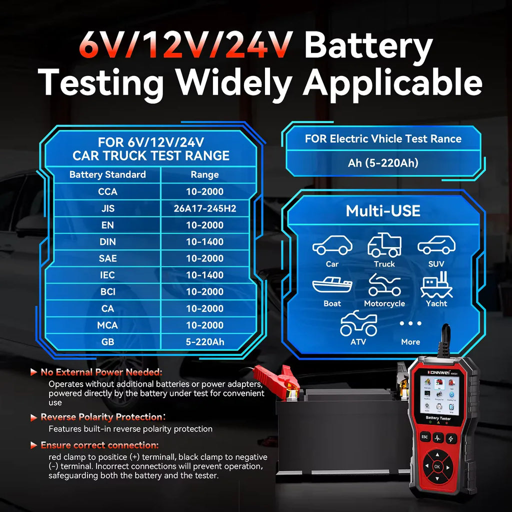 KONNWEI KW331 batteritestare – 6V/12V/24V - Felkodsläsare