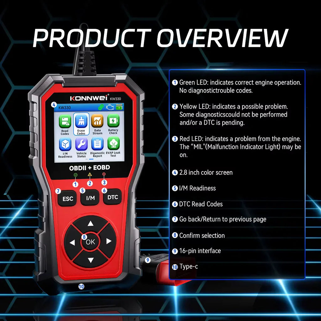 KONNWEI KW330 – OBD2/EOBD felkodsläsare (Enhanced Handheld Automotive Engine Analyzer) - Felkodsläsare
