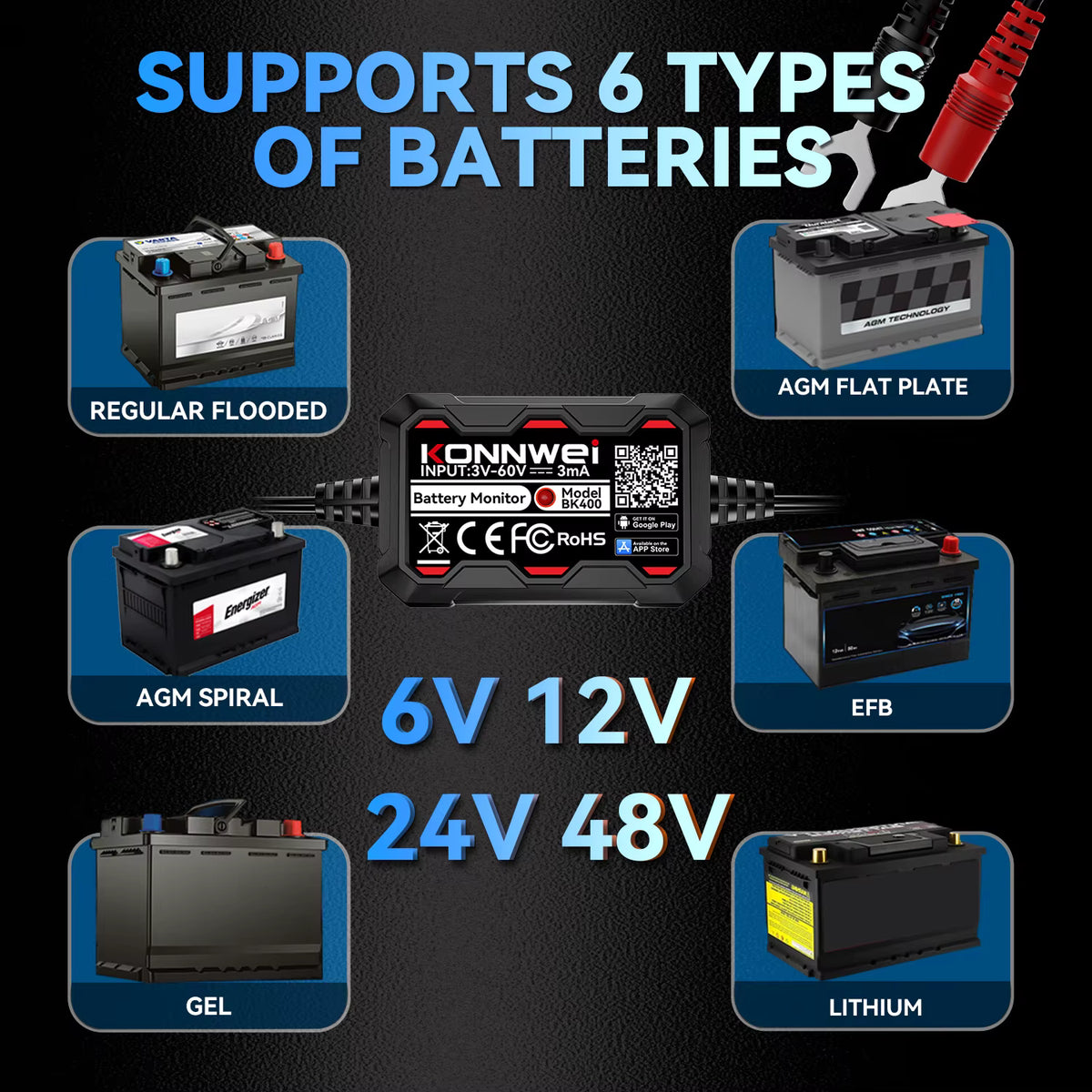 KONNWEI BK400 6-i-1 Bluetooth 5.2 Batterimonitor 3–60V – för 6V/12V/24V/48V