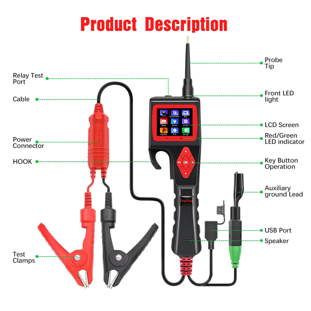 Topdiag P200 – Smart kretsprovare / Power Probe-testare med oscilloskop & batteritest (9–30V, 2,4″ TFT) Testverktyg